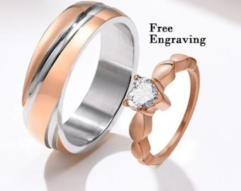 Rose gold couple engraved promise ring set - Diamond heart ring set - Matching couple ring set for him her - his and her promise ring set