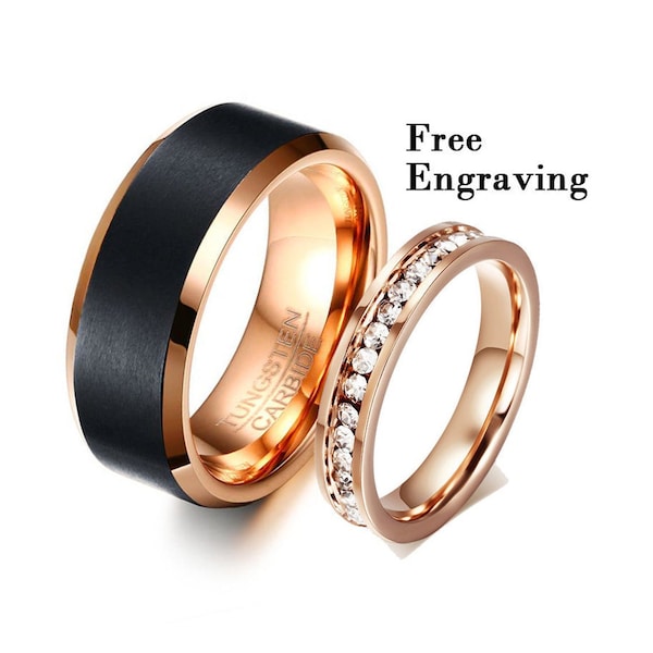 Rose gold Tungsten custom engraving promise ring set - matching couples rings for him her - couple ring set -  matching promise bands set