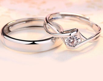 Sterling Silver Solitaire Diamond Love His and Her Couples Promise Ring - Adjustable for a Perfect Fit - A Timeless Symbol of Commitment