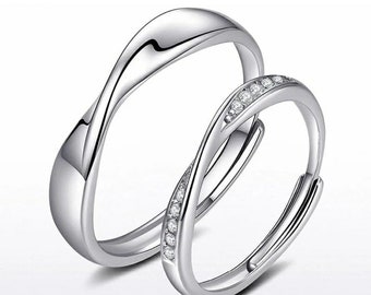 Sterling Silver Twisted Wave His and Her Couples Promise Ring with Small Diamond Accent - Adjustable for a Perfect Fit - A Symbol of Love