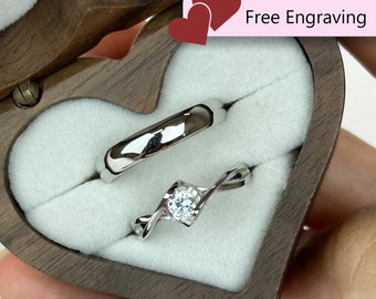 Adjustable Couples Rings 925 Sterling Silver Twisted & Minimalist Zirconia Hidden Heart • Custom Engraved Promise Engagement Gift
