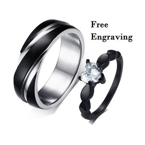 Black couples engraved promise ring set - Diamond heart ring set - Matching couple ring set for him and her - his and her promise ring set