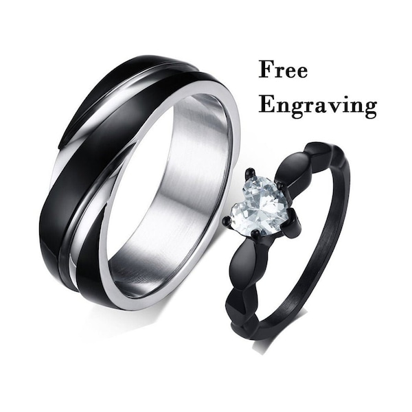 Black couples engraved promise ring set - Diamond heart ring set - Matching couple ring set for him and her - his and her promise ring set