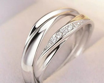 Sterling Silver Twisted Wave His and Her Couples Promise Ring with Diamond Accent - Adjustable for a Perfect Fit - A Unique Symbol of Love