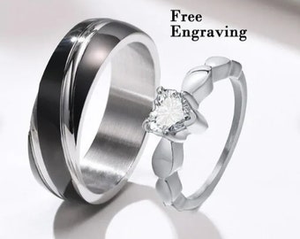 Silber Paare gravierte Versprechen Ring Set - Diamant Herz Ring Set - Passendes Paar Ring Set für Sie und Ihn - Sein und Ihr Versprechen Ring Set