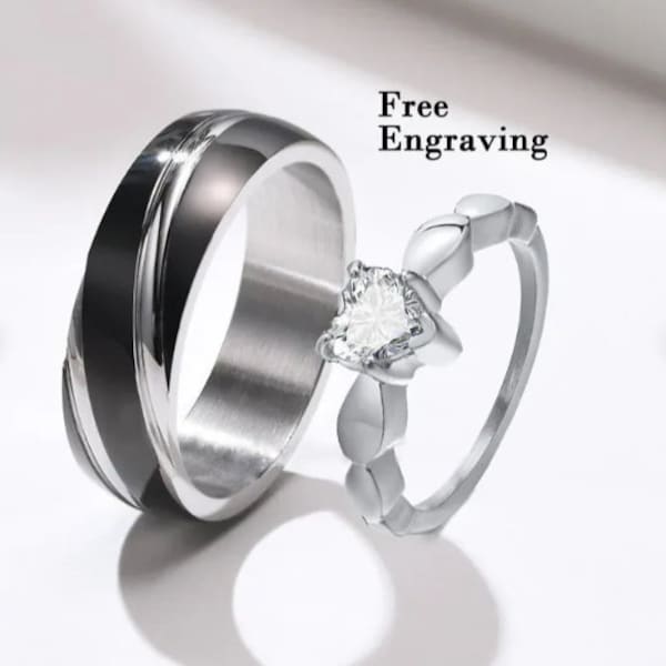 Zilveren koppels gegraveerde belofte ring set - Diamanten hart ring set - Bijpassende paar ring set voor hem en haar - zijn en haar belofte ring set