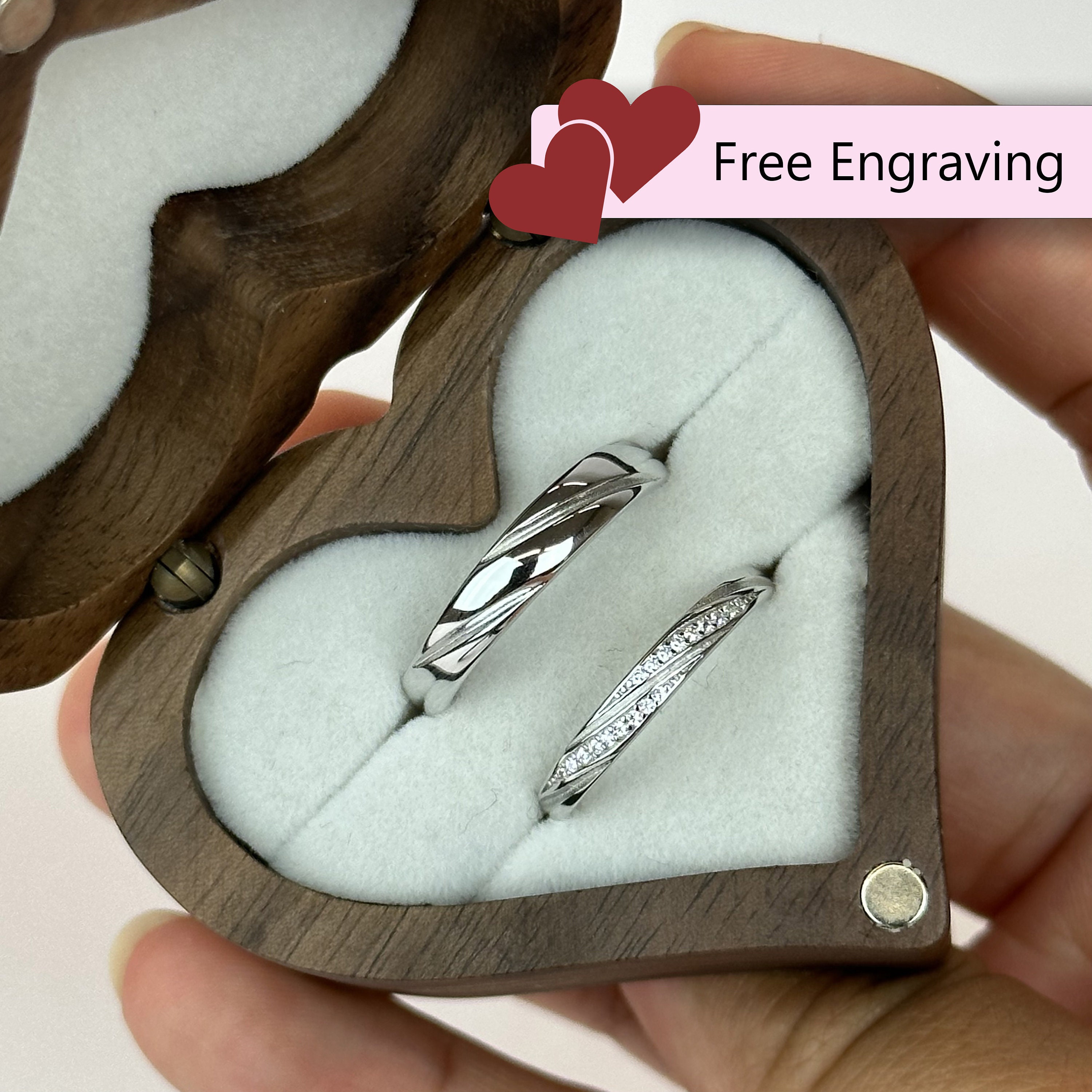Adjustable Grooved & Diamond Path Couples Rings 925 Sterling Silver • Custom Engraved Promise Engagement Anniversary Gift