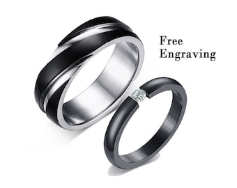 black promise ring set for couples - matching promise rings - custom engraved ring set for couples - his and her rings - matching bands