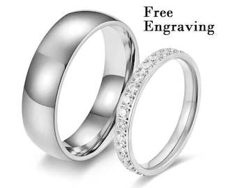 Silver diamond promise ring set for couples - matching ring set for him and her - his and her couple rings - custom engraving couples rings