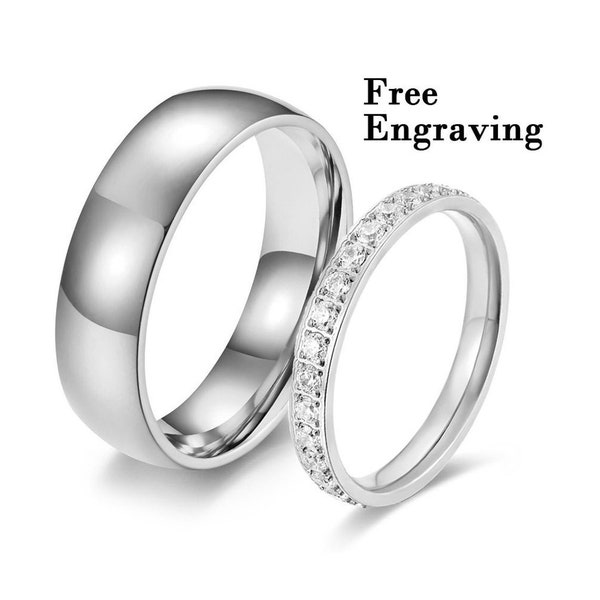 Silver diamond promise ring set for couples - matching ring set for him and her - his and her couple rings - custom engraving couples rings