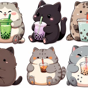 May include: A collection of six cartoon cats, each holding a bubble tea drink. The cats are in various colors, including gray, black, and brown, with different patterns. The drinks are in clear cups with colorful straws.