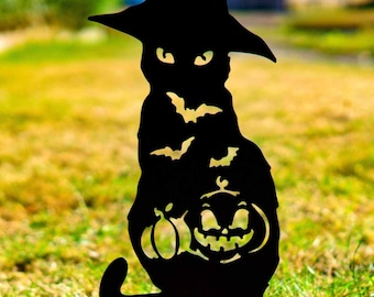 Halloween Cat Garden Decoration Outdoor Sculpture Party House Decor Indoor Ornament Statue Carved Pumpkin Jack O Lantern Witch Hat Door Stop