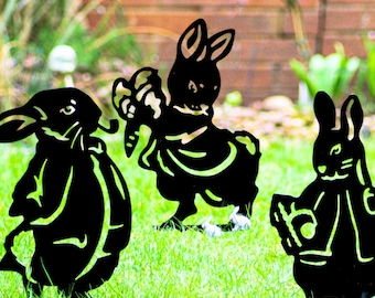 3 Easter Bunnies Decoration, Metal Peter Rabbits Garden Ornaments, Outdoor Egg Hunting Party Lawn Decor, Mother's Day Gifts for Her, Woman
