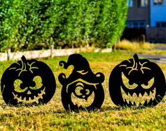 Halloween Ideas Gifts Outdoor Party Decoration Garden Ornaments Scary Set of 3 Carved Pumpkins Jack O Lantern Present Metal Natural Oxidised