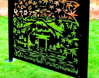 Japanese Garden Metal Fences & Posts, Stormproof, Durable Steel Fencing, Outdoor Decorative Wall Panels, Privacy Balcony Decking Screens