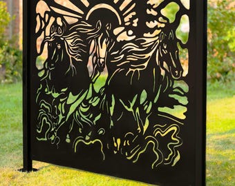 Running Horses Metal Fences & Posts, Outdoor Decorative Wall Panels, Stormproof, Durable Steel Fencing, Privacy Balcony Deck Railing Screens