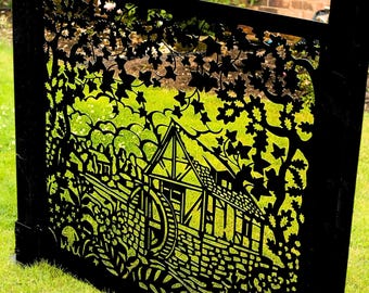 Water Mill Metal Fences & Posts, Outdoor Decorative Wall Panels, Privacy Balcony Deck Railing Screen, Stormproof, Durable Steel Fencing