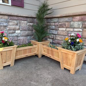 May include: Three wooden planter boxes with flowers in them. The boxes are in a corner and are made of natural wood. The flowers are in various colors, including pink, white, and yellow.
