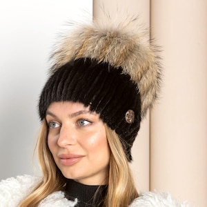 Gorro de visón para mujer, gorro mullido con pompón, gorro de visón para mujer, gorro con pompón de piel de mapache, gorro de visón auténtico para mujer, gorro de invierno suave, regalo para ella