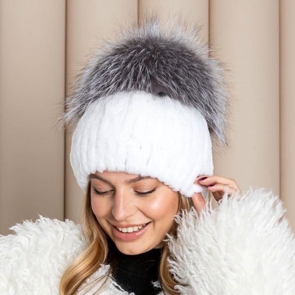 Women's Winter Hat, White Rabbit Fur Beanie, Rabbit Fur Hat Woman, Hat with Silver Fox Fur Top, Ladies Fur Hat with Pompom, Warm Fluffy Hat