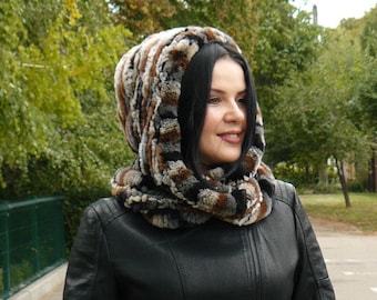 Hooded Scarf for Women, Fur Snood, Winter Hooded Cowl, Warm Soft Hood Scarf and Fingerless Mittens Set, Fur Hooded Scarves, Cozy Neck Warmer
