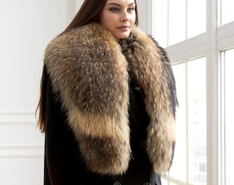 Echte wasbeerbontkraag voor haar, winterbontaccessoires, Saga-bontsjaal, nekwarmer van echt bont, lange bontkraag voor jas, jubileumcadeau