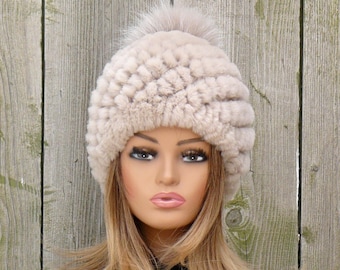 Knitted Rex Rabbit Fur Hat, Beige Furry Hat, Natural Fur Winter Beanie, Hat With Raccoon Fur Pompom, Warm Fuzzy Hat For Mom, Gift for Sister