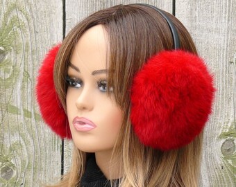 Chic Red Rabbit Fur Earmuffs - Cozy & Fuzzy Winter Ear Protection, Ideal Gift for Her, Teenage Girl Favorites, Unique Winter Accessory