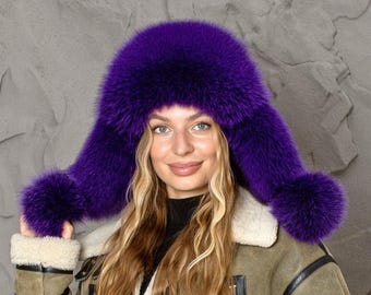 Hot Purple Woman's Winter Hat, Real Fox Fur & Leather Trapper Hat, Stylish Purple Bomber Hat, Furry Aviator Hat, Fuzzy Hat, Teen Girl Gift