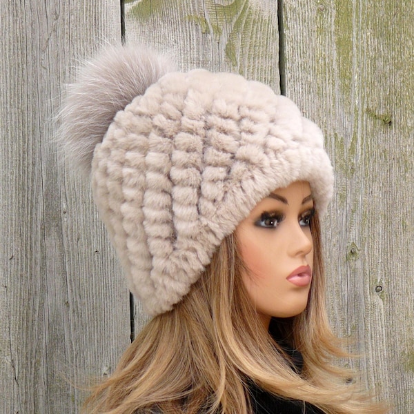 Knitted Rex Rabbit Fur Hat, Beige Furry Hat, Natural Fur Winter Beanie, Hat With Raccoon Fur Pompom, Warm Fuzzy Hat For Mom, Gift for Sister
