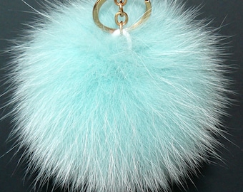 Portachiavi con pompon blu, portachiavi con pompon in pelliccia, fascino della borsa con pompon in pelliccia, portachiavi a palla gonfia, portachiavi in vera pelliccia, fascino della borsa in pelliccia di volpe, regalo per lei