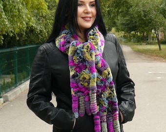 Real Multi Color Fur Scarf, Chunky Knit Scarf, Fuzzy Warm Neck Wrap, Rabbit Fur, Soft Scarves, Stylish Scarf For Her, Gift for Grandmother