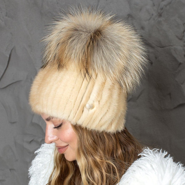 Real Mink Fur Hat with Raccoon Pompom, Fluffy Beige Winter Hat for Women, Handmade Premium Fur Beanie, Warm & Stylish Cold Weather Accessory