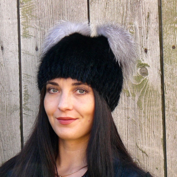 Mink fur beanie hat, Black fluffy hat with pompoms, Black mink hat for women, Cute winter hat, Women hat, Knitted fur with pompom, Fur hat