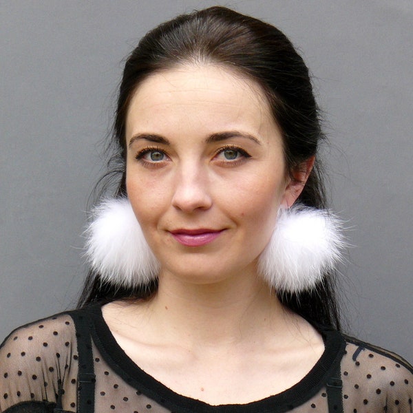 Fluffy earrings white, Fur earrings women, Boho bride jewelry, Pompom earrings, Cute furry dangle ball earrings, Teenage girl christmas gift