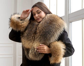 Komplet kołnierz i mankiet z prawdziwego futra szopa, długi szalik futrzany, futrzane wykończenie rękawów, zimowy dodatek futrzany dla kobiet, naturalny szal futrzany, prezent na rocznicę