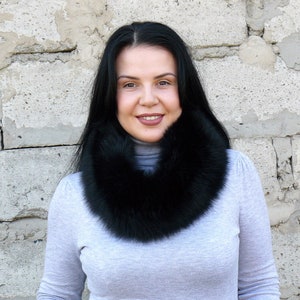 Black Fox Fur Collar, Furry Real Detachable Collar, Warm Neck Warmer, Black Fuzzy Scarf, Stylish Fur Collar For Wife, Anniversary Gift Idea