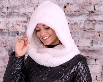 Hooded Fur Scarf for Women, Warm Scarf, Fur Collar, Fuzzy Scarf, Rabbit Fur Scarf, Winter Accessory, Gift For Daughter, Detachable Collar