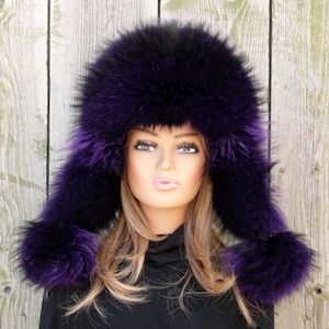 Stylish Purple Fur Women&#39;s Hat, Leather & Fur Trapper Hat with Ear Flaps, Genuine Raccoon Fur, Aviator Hat, Ladies Head Warmer, Gift For Mom