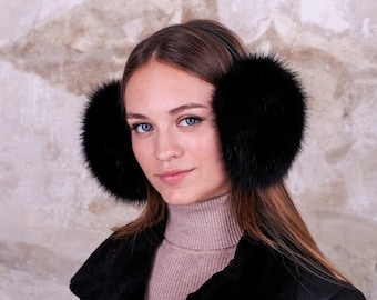 Black fur earmuffs for women, Big fox fur ear muffs, Handmade winter accessories, Large fluffy earwarmer, Teenage girl gifts, Winter wear