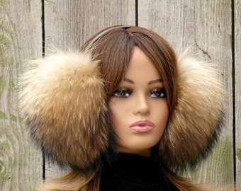 Beige real fur ear muffs for woman, Raccoon fur earmuffs, Warm earmuffs, Gift for her, Winter fluffy ear muffs, Ear warmers
