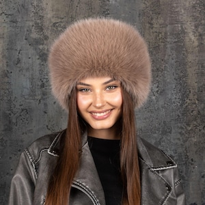 Fluffy Fur Beige Womens Hat, Faux Fox Fur Kubanka, Elegant Formal Headwear, Round Winter Hat