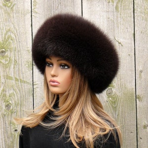 Vossenbontmuts voor vrouwen, muts, bruine leren hoofddeksel, warme donzige muts, wintermode, hoofdwarmer bont, donkere mokkabontkleur, moeder cadeau