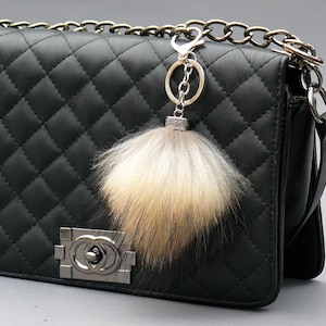 Fluffy Pom Pom Keychain, Real Raccoon Fur Ball Charm, Pompom Bag Charm, Fuzzy Key Chain for Backpack, Puff Soft Charm for Purse or Handbag