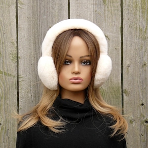 Real Rex Rabbit Fur Earmuffs, Cream Fur Earmuffs, Winter Accessories, Fluffy Earmuffs With Full Fur Headband, Cozy Ear Muffs, Teen Girl Gift