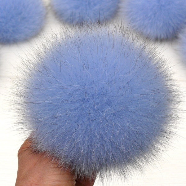 Blue fur pom pom with snap, Fur ball for hat, Real fox fur pompom, Large fuzzy pompom, Fluffy pompon, DIY detachable pom pon, Fur bommel