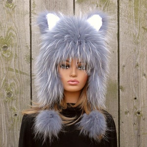 Fursuit Hat with Animal Ears, Knitted Beanie Winter Fur Hat, Raccoon and Fox Fur Hat, Gift for Teenage Daughter, Modern Teen Girl Hat Gift