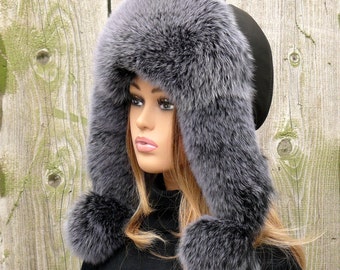 Chapeau de trappeur en cuir surdimensionné pour femme avec fourrure noire et grise, chapeau aviateur d'hiver, chapeau aviateur chaud, accessoires d'hiver pour femmes