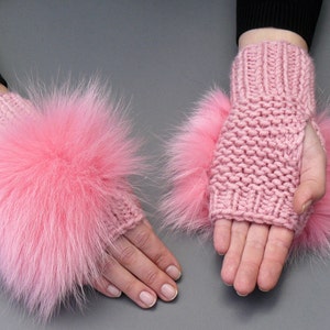Fingerless Gloves, Pink Knitted Mittens, Fluffy Fox Fur Cuffs, Soft Warm Winter Accessory, Pom Pom Trim, Kawaii Gift, Teen Girl Fashion