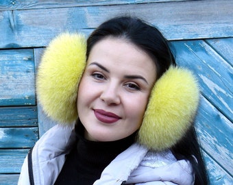 Yellow earmuffs women, Fur ear warmers, Fluffy fur earmuffs, Real fox fur ear muffs, Warm fuzzy ear muffs, Fur accessories, Daughter gift